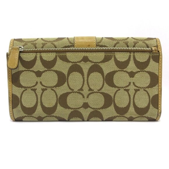 Auth COACH Signature - Beige Light Brown Jacquard Leather Long Wallet - Picture 7 of 13